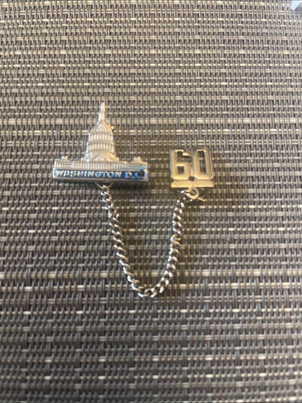 Vintage Silver Washington D.C. Capitol Tie Bar Chain with attached “60” charm
